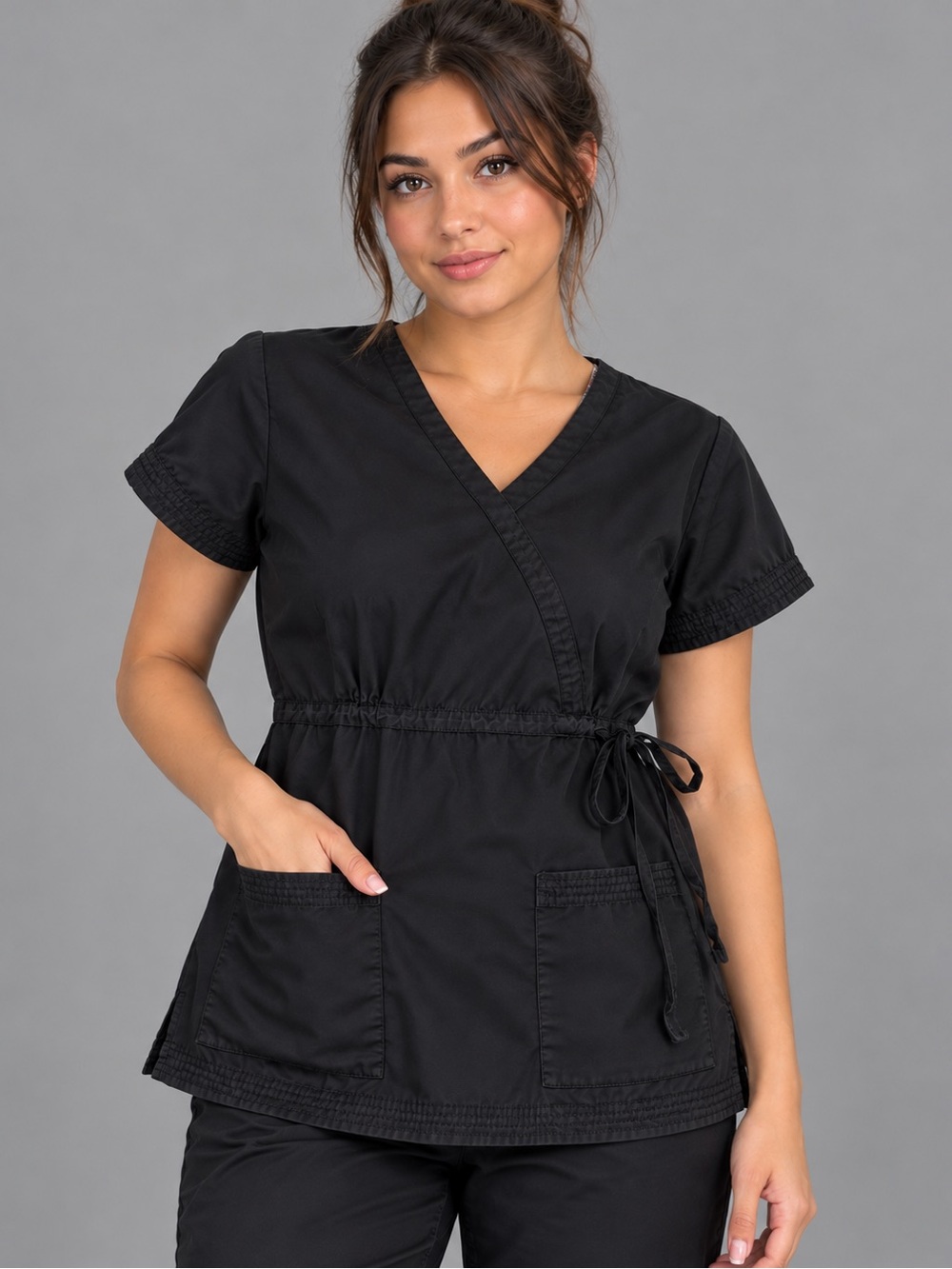 Koi by Kathy Peterson Women’s Black Scrub Top Medium Wrap V-Neck MedicalStyle187